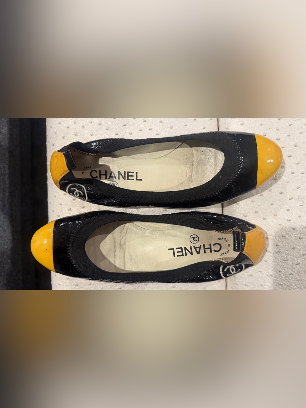 CHANEL Black & Yellow Patent Cap Toe Ballet Flats
